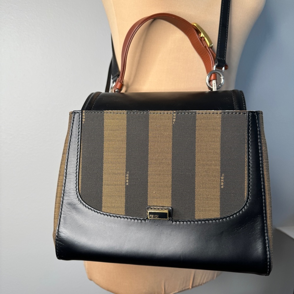 Fendi Silvana Pequin Striped Leather Satchel Bowler Bag Brown Black Gold Luxury